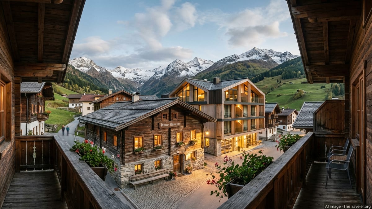 Austrian alpine village with hotels and guesthouses beneath snow capped peaks at sunset.