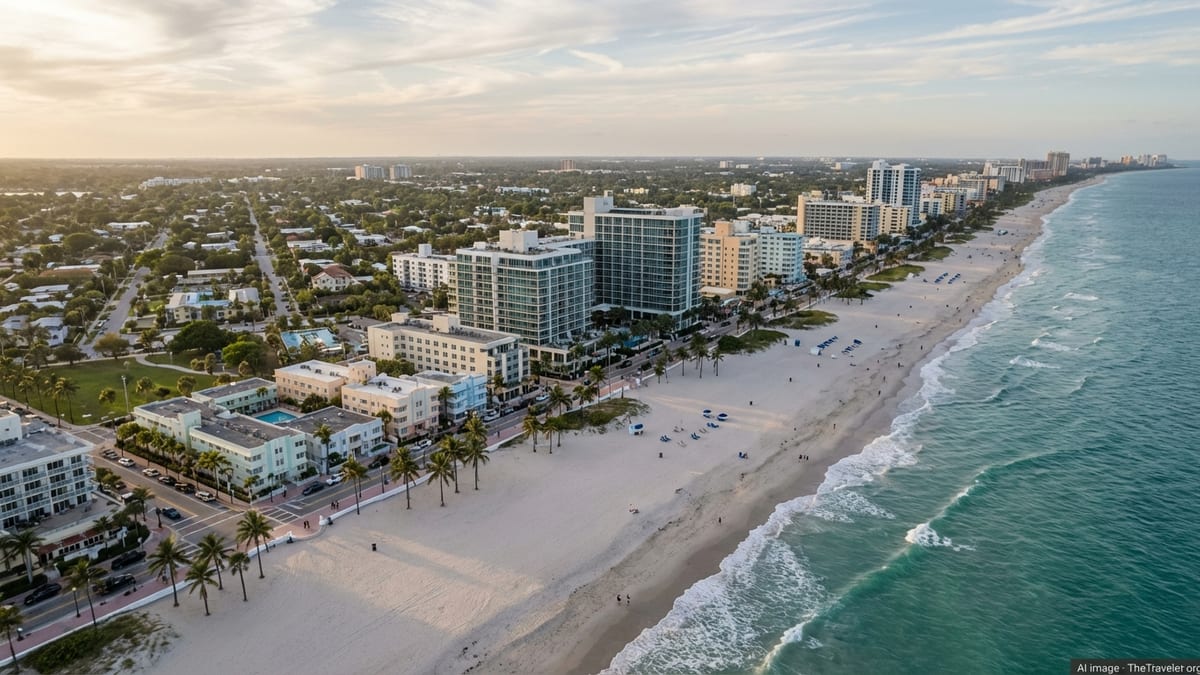 Aerial view of Florida beachfront hotels and wide sandy shoreline at golden hour.