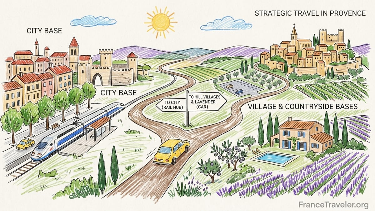 Panoramic view over Gordes village and surrounding Provence countryside at golden hour.