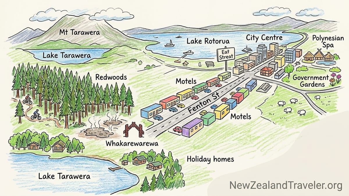 Sunrise view over Rotorua’s lakefront hotels, city streets and surrounding hills.