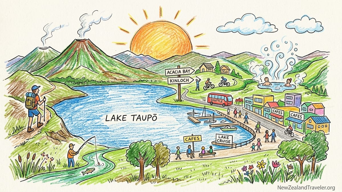 Lake Taupō lakefront lodges and promenade at sunset with distant volcanic peaks.