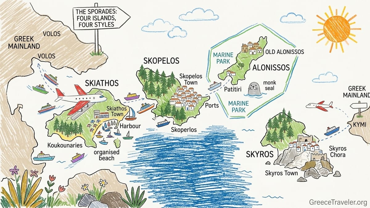 Aerial view of Skiathos Town and pine backed beaches with Skopelos in the distance.