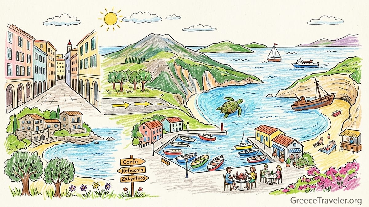 Aerial view of an Ionian Island bay with a small harbor village, olive-covered hills and turquoise sea at golden hour.