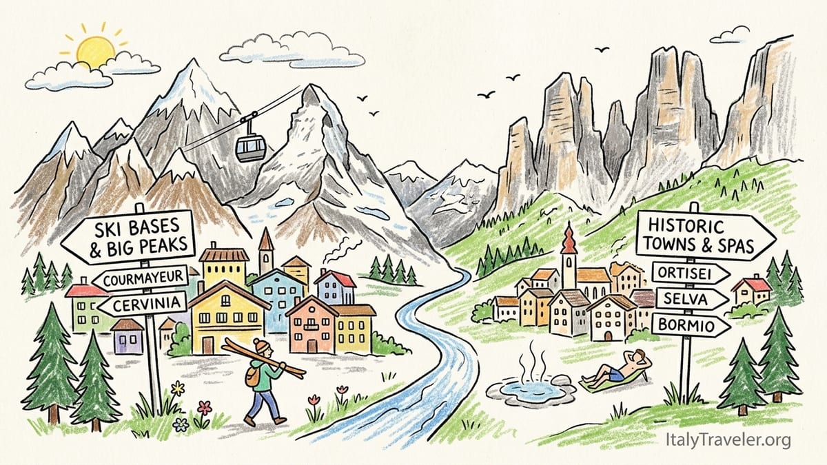 Snowy Italian Alps village at sunrise with hotels, street and Dolomite peaks.
