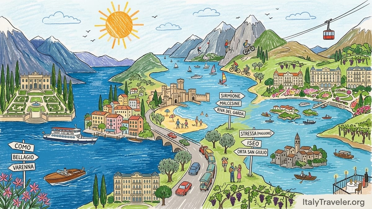 Early morning view over Lake Como from Varenna toward Bellagio with ferries on a calm lake.