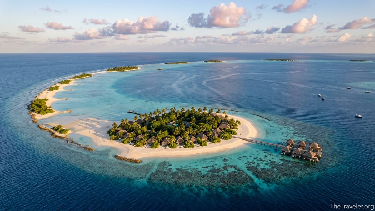 Aerial view of a Maldivian atoll with a private island resort, sandbanks and turquoise lagoon at golden hour.
