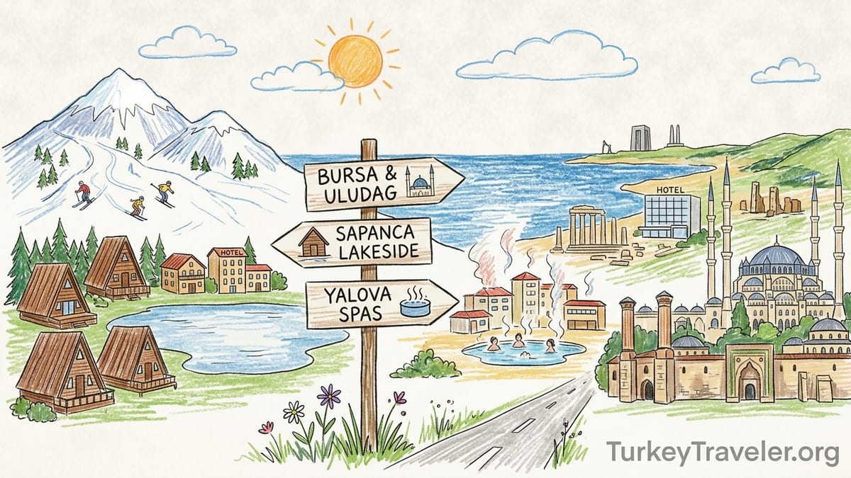 Panoramic sunrise view of Bursa rooftops, Uludağ mountains and a tranquil Marmara lake.