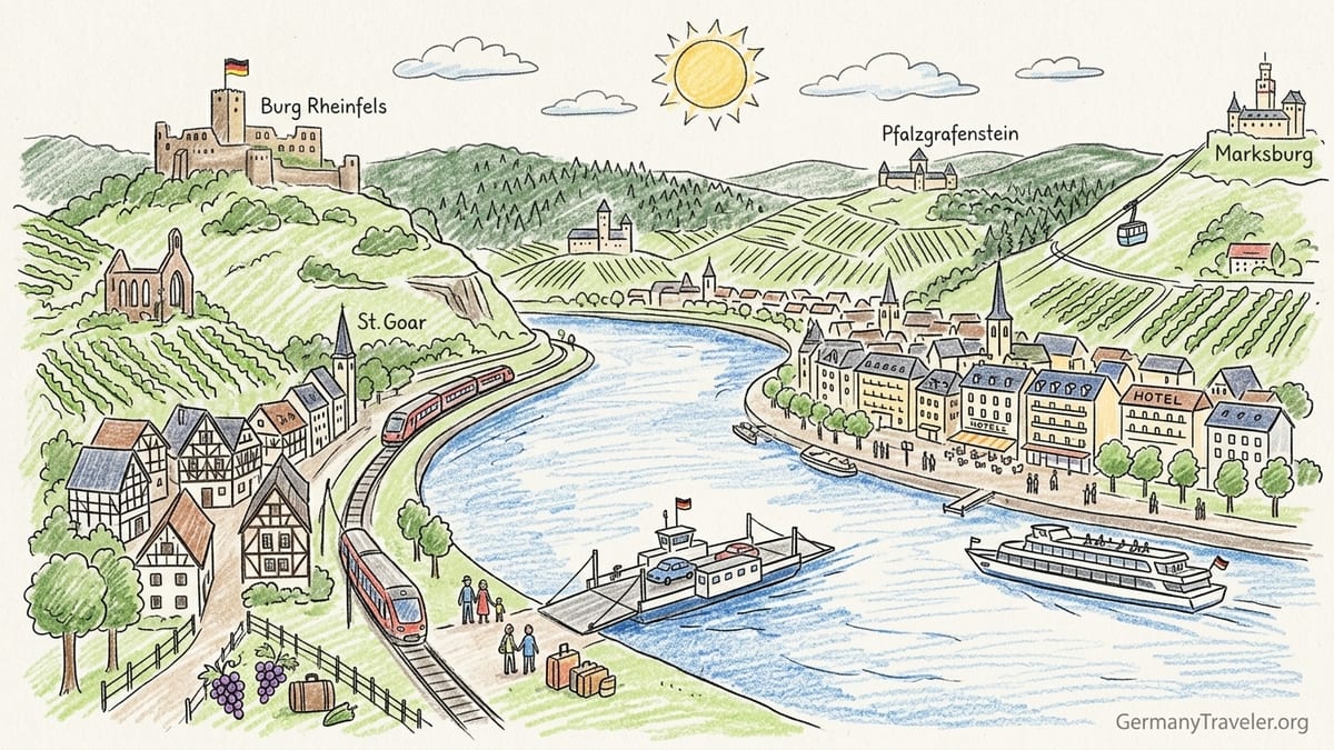 Sunrise over the Rhine River and Boppard town seen from vineyards on the hillside.
