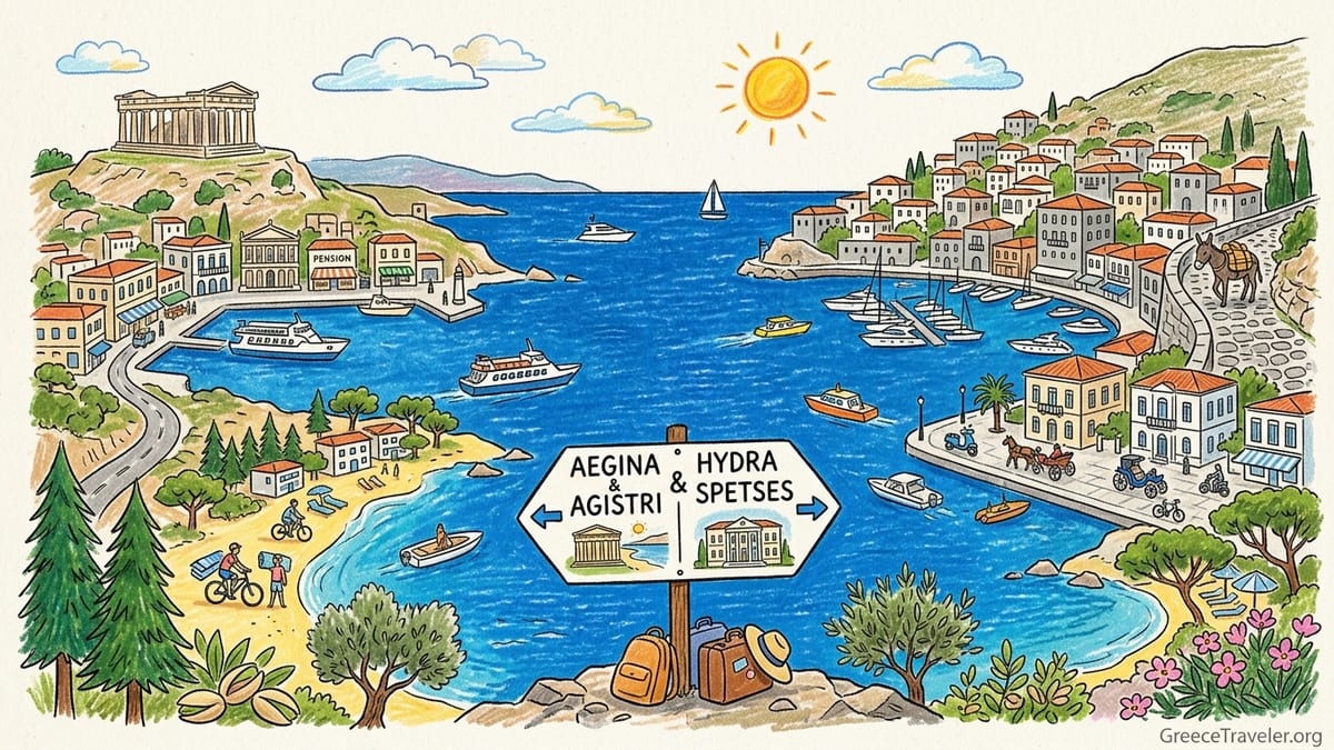 A Greek island harbor in the Saronic Gulf with pastel houses around a calm blue bay at sunset.