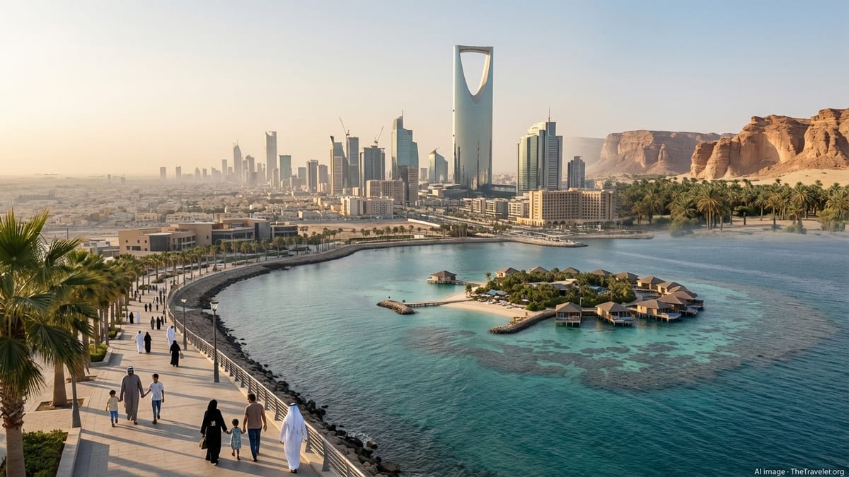 Riyadh skyline, Jeddah corniche, Red Sea resort and AlUla cliffs at sunset.