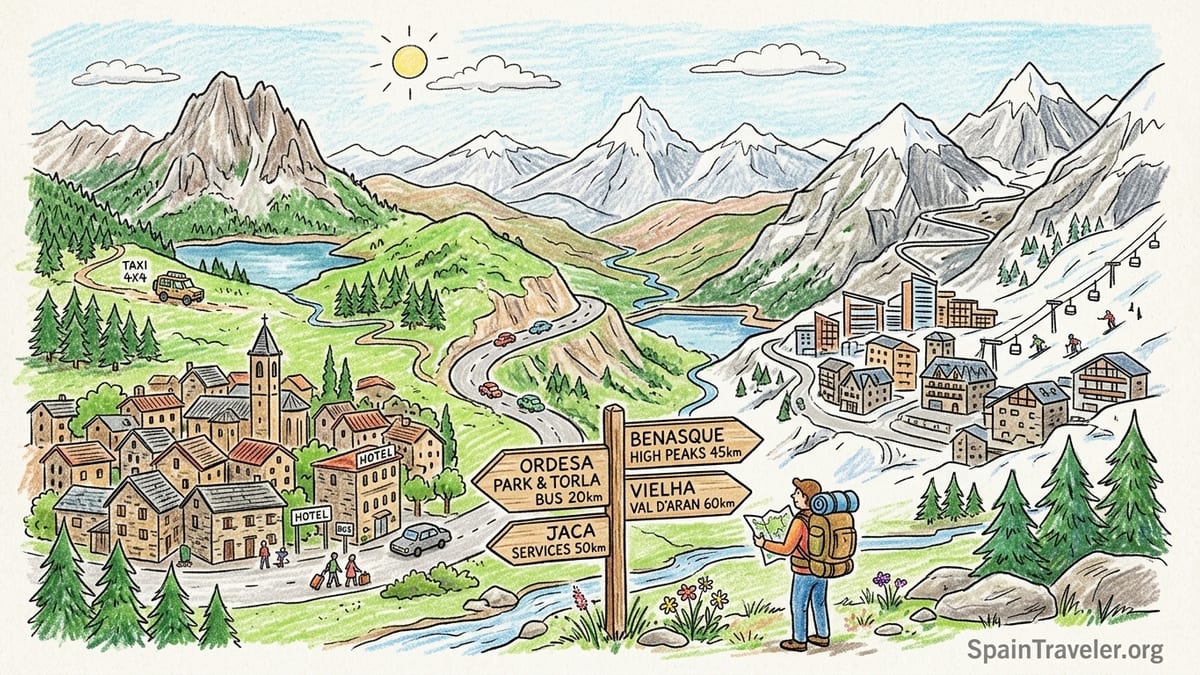 Mountain village in the Spanish Pyrenees surrounded by green valley and rugged peaks.
