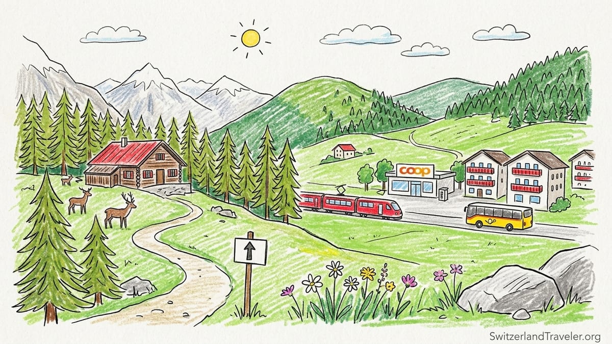 Swiss alpine village in green valley beneath mountains, with river, meadows and forest at sunset.