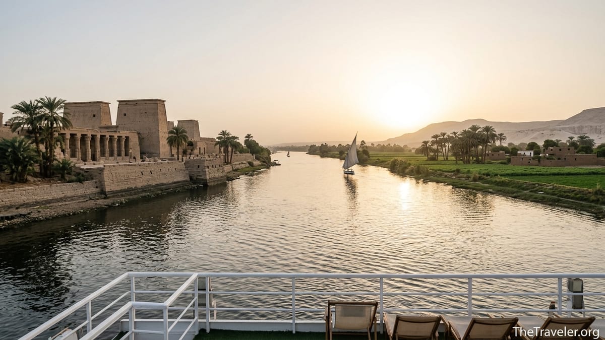 Golden hour view from a Nile cruise boat passing an ancient riverside temple between Luxor and Aswan.
