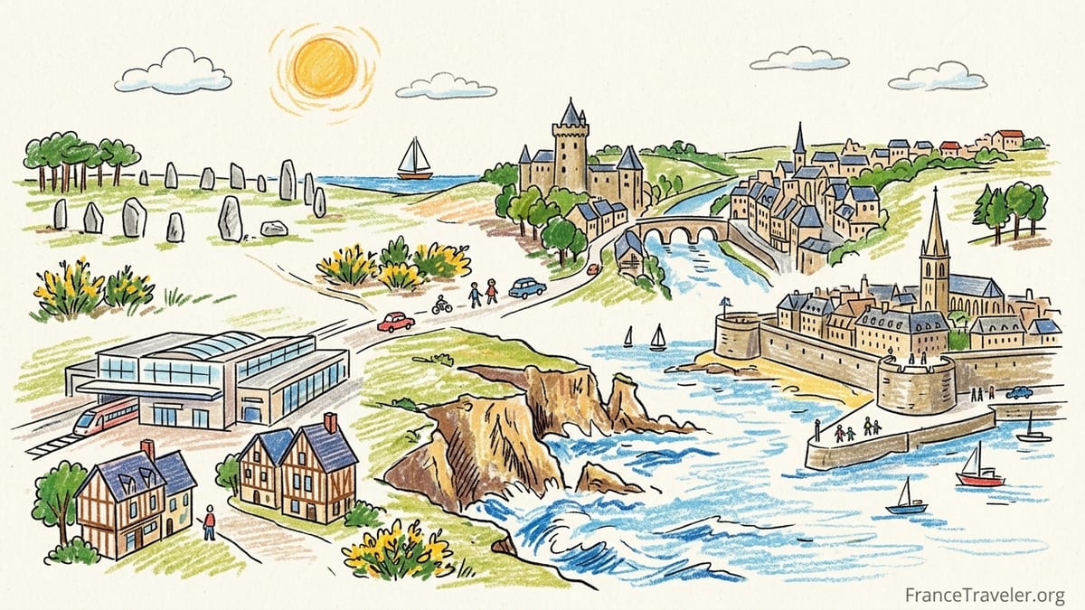 Sunrise over a Breton walled town rampart overlooking beach and tidal pools in Brittany.