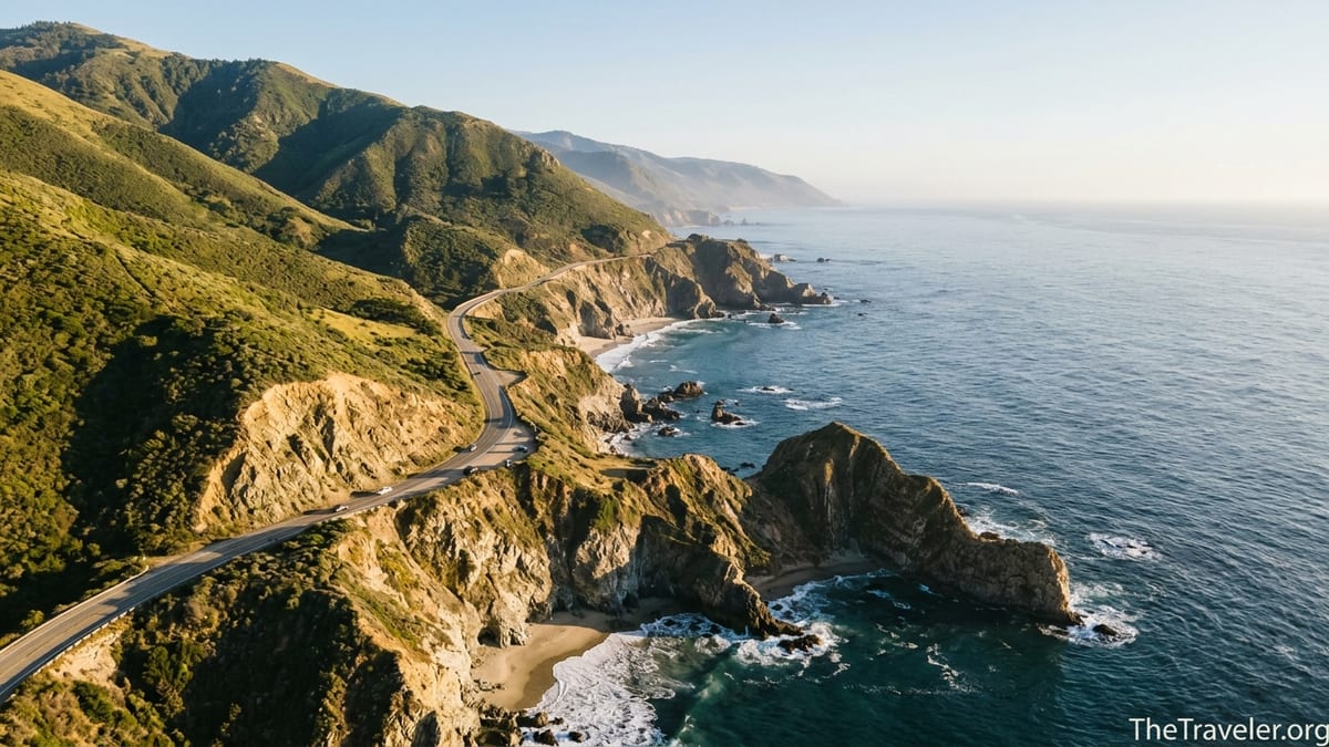 Aerial view of California’s Big Sur coastline with Highway 1 winding along sunlit ocean cliffs.