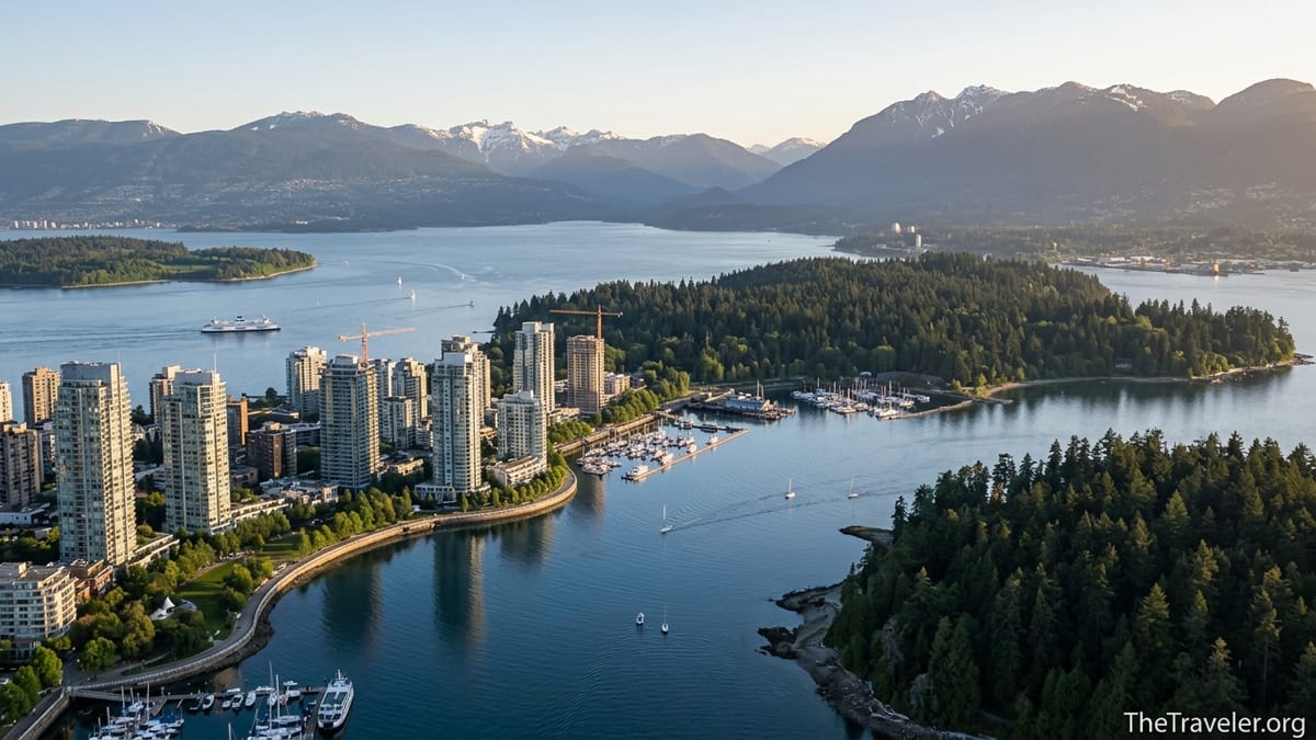 Aerial view of a Canadian coastal city with mountains, forested park and harbor at sunset.