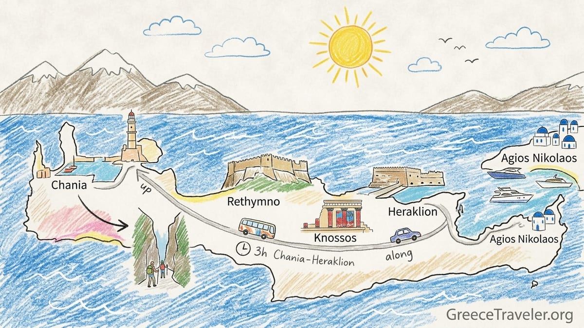 Sunrise over Chania’s Venetian harbor with lighthouse, boats and old town roofs in Crete.
