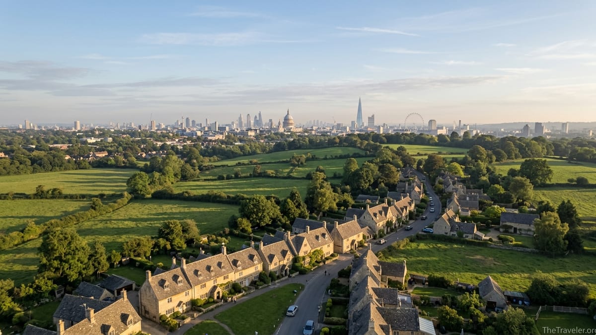 Wide view of an English village and rolling countryside with London skyline in the distance at golden hour.