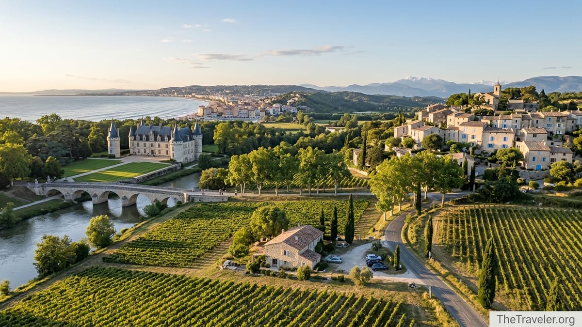 Aerial view of French vineyards, chateau, hilltop village and distant mountains at golden hour.