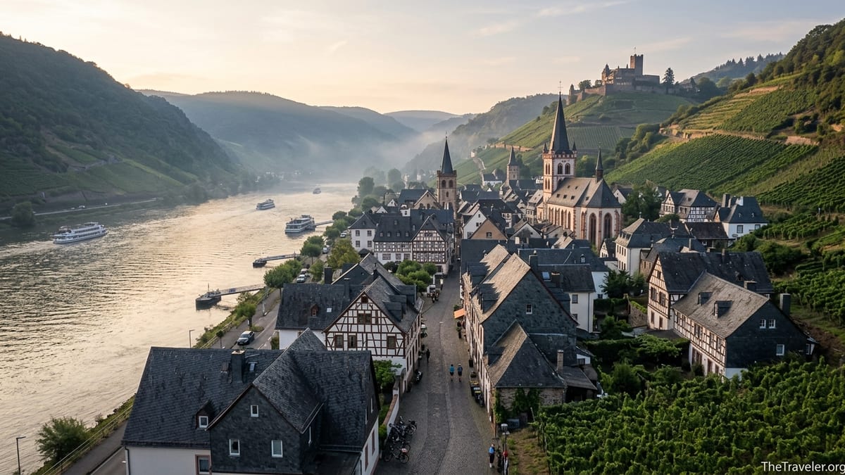 Sunrise over a German Rhine Valley town with vineyards and a hilltop castle.