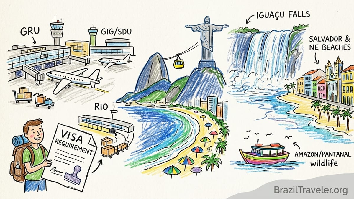 Brazil highlights collage featuring Rio, Iguazu Falls, Lençóis dunes and lagoons, Pantanal wildlife, and a Northeast beach.