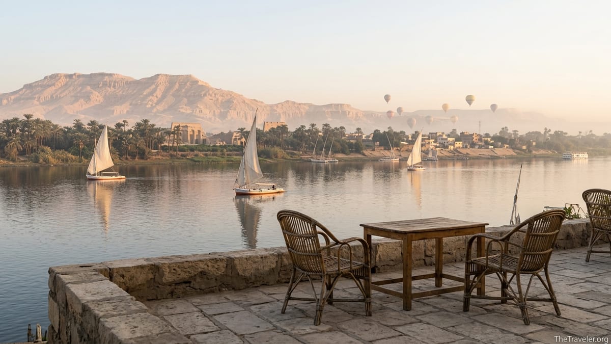 Sunrise over the Nile at Luxor with feluccas sailing and balloons above the West Bank hills.