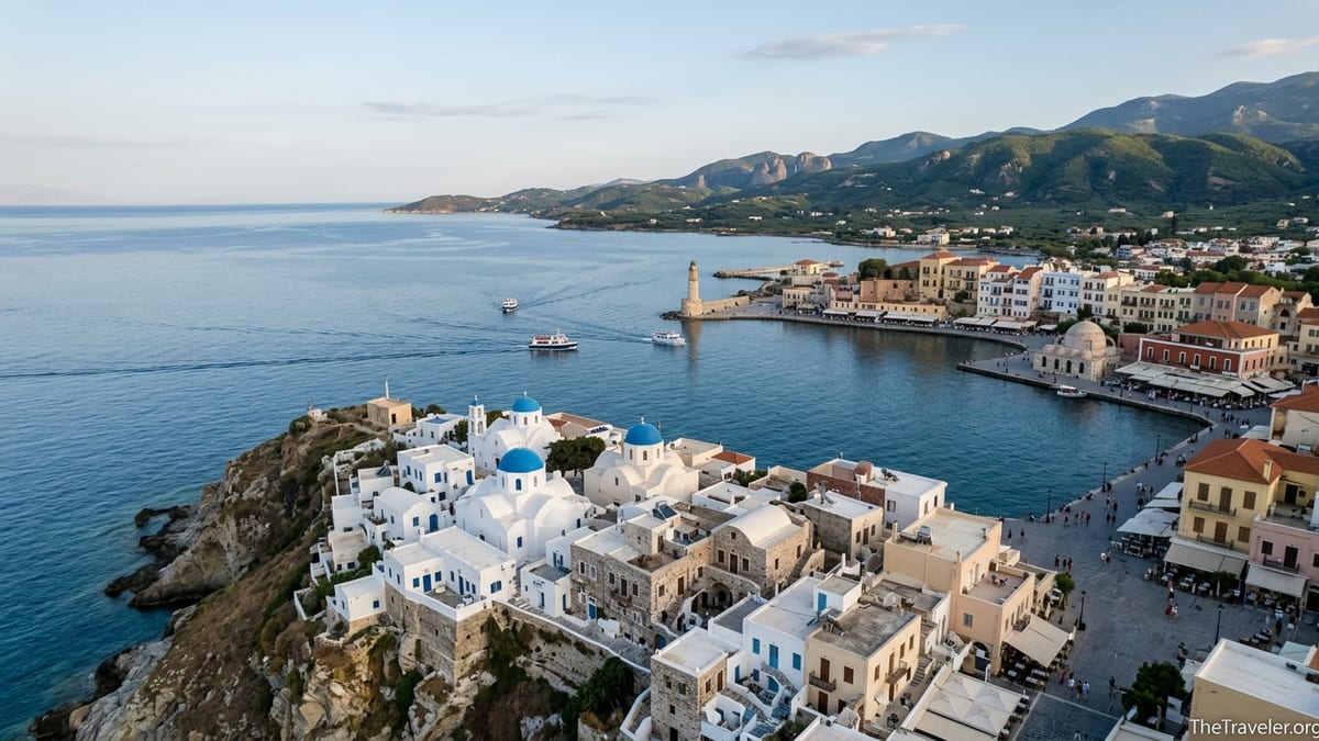 Aerial coastal view of Greek island villages, harbor town and mountains along a blue Aegean shoreline.