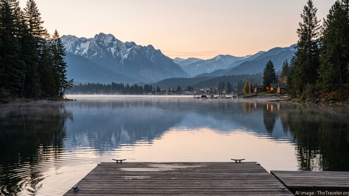 Sunrise over an Idaho mountain lake with pine-lined shores and distant town lights.