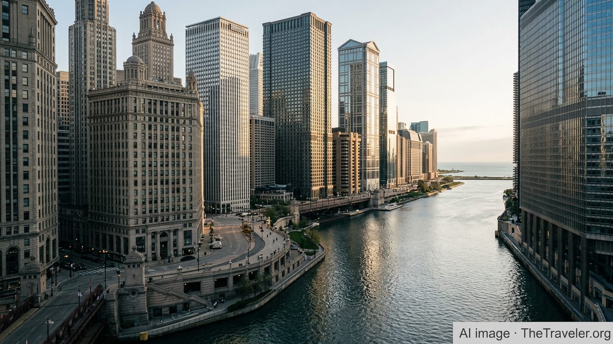 Aerial view of downtown Chicago skyline and river at golden hour.