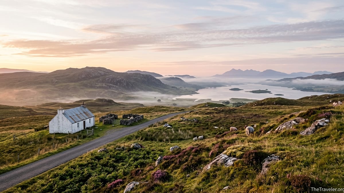 Sunrise over a winding Highland road, cottage and loch leading toward distant Scottish mountains.
