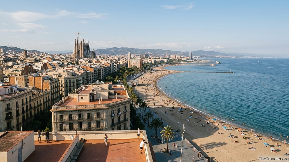Panoramic view over Barcelona with Sagrada Família, city grid and Barceloneta Beach meeting the Mediterranean Sea.