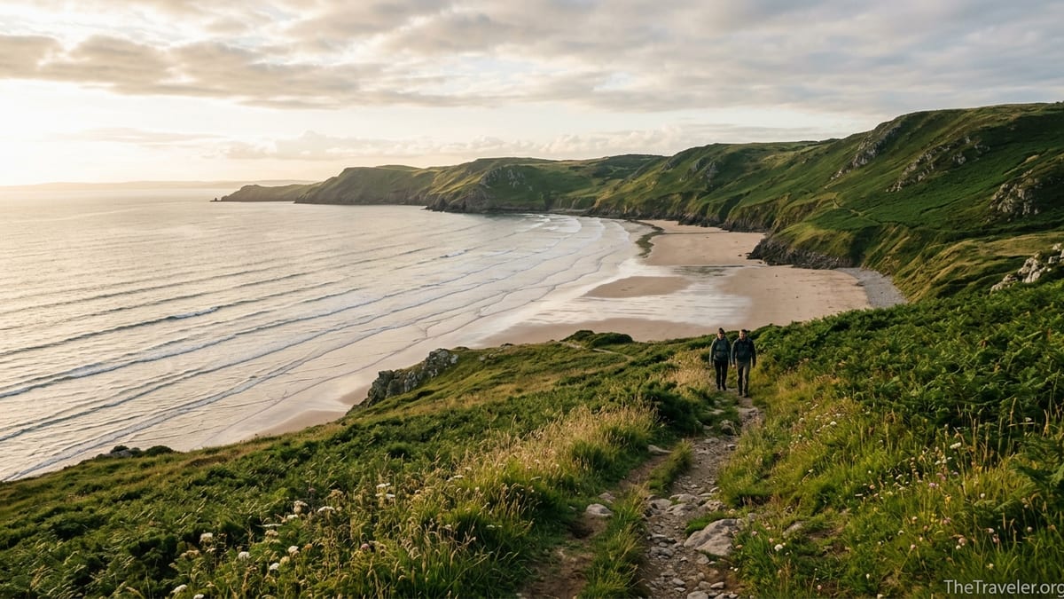 Clifftop path above a wide sandy Welsh bay at golden hour with distant hikers.