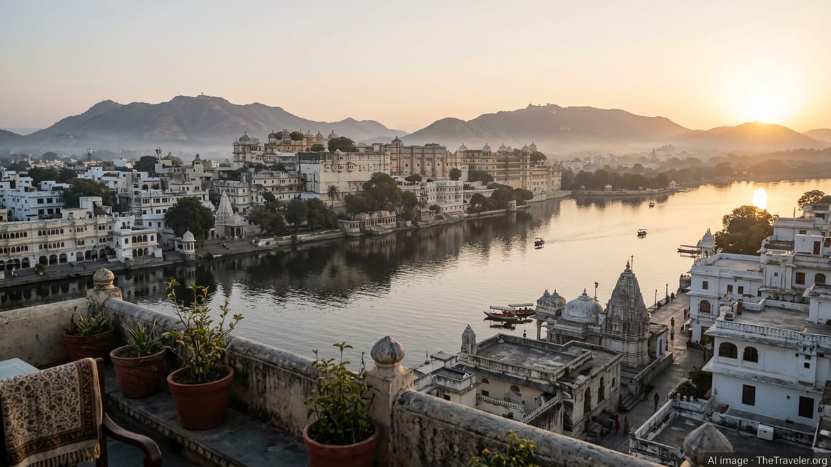 Sunrise over Udaipur’s Lake Pichola with palaces, calm water and distant hills.