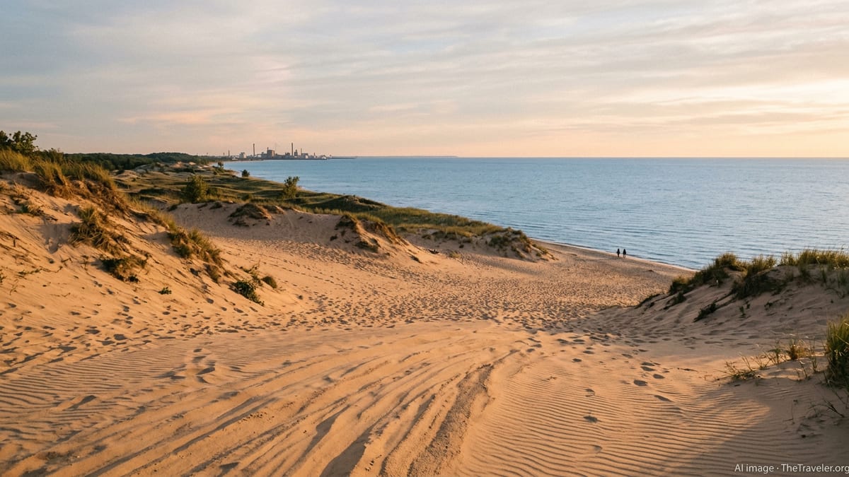 Late-afternoon view over sand dunes and Lake Michigan shoreline at Indiana Dunes National Park in Indiana.