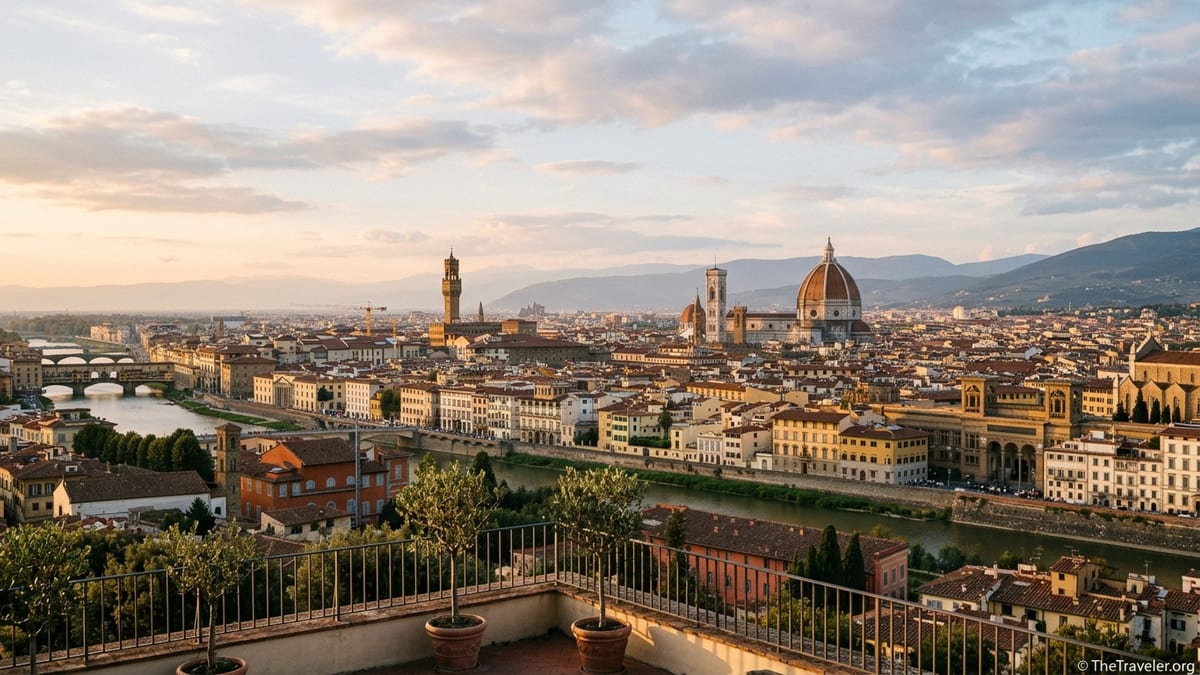 Panoramic view over Florence at sunset with the Duomo and Arno River.