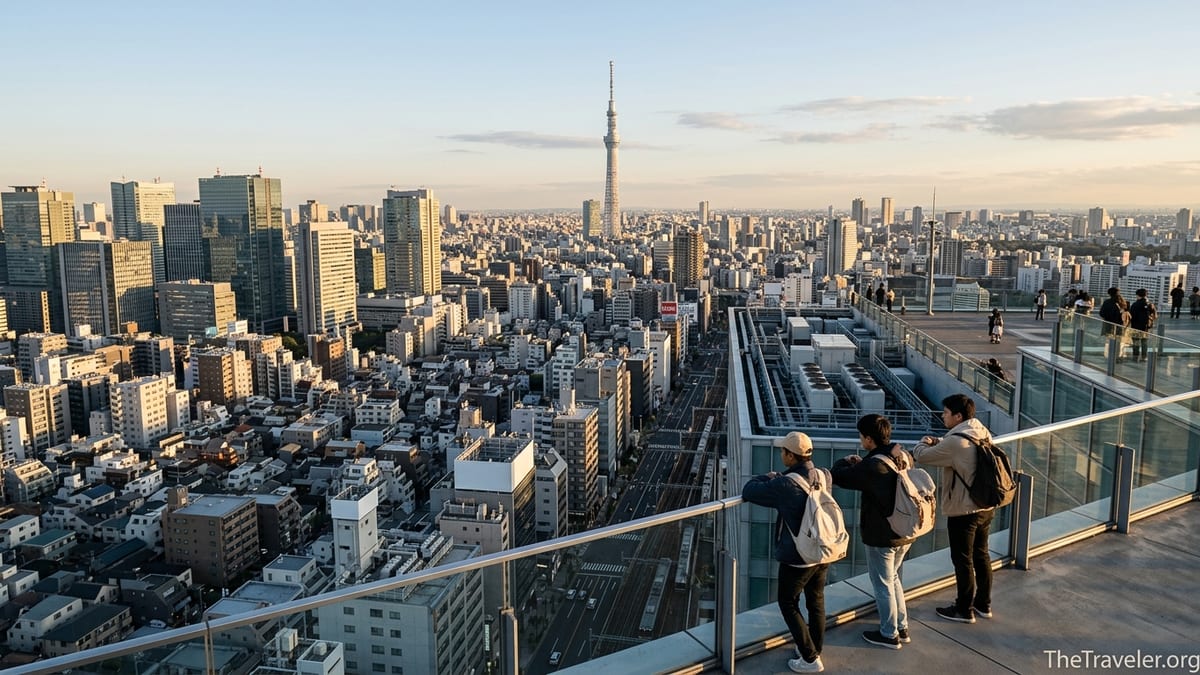 View over Tokyo city at sunset with travelers looking out from a rooftop terrace.