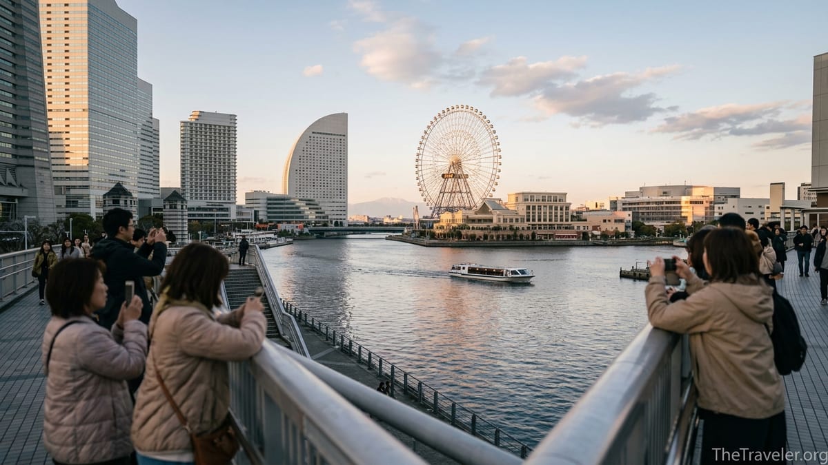Yokohama Minato Mirai waterfront skyline at sunset seen from a pedestrian walkway.
