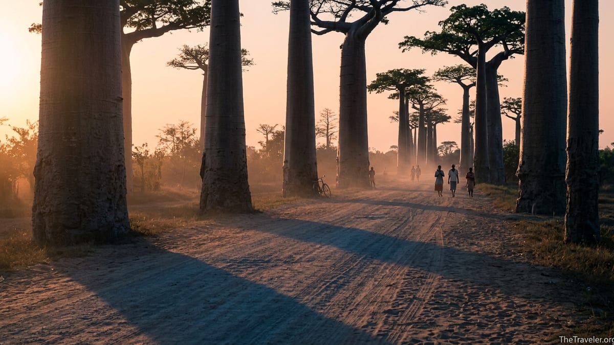 Sunrise over Madagascar’s Avenue of the Baobabs with villagers walking along a dusty track