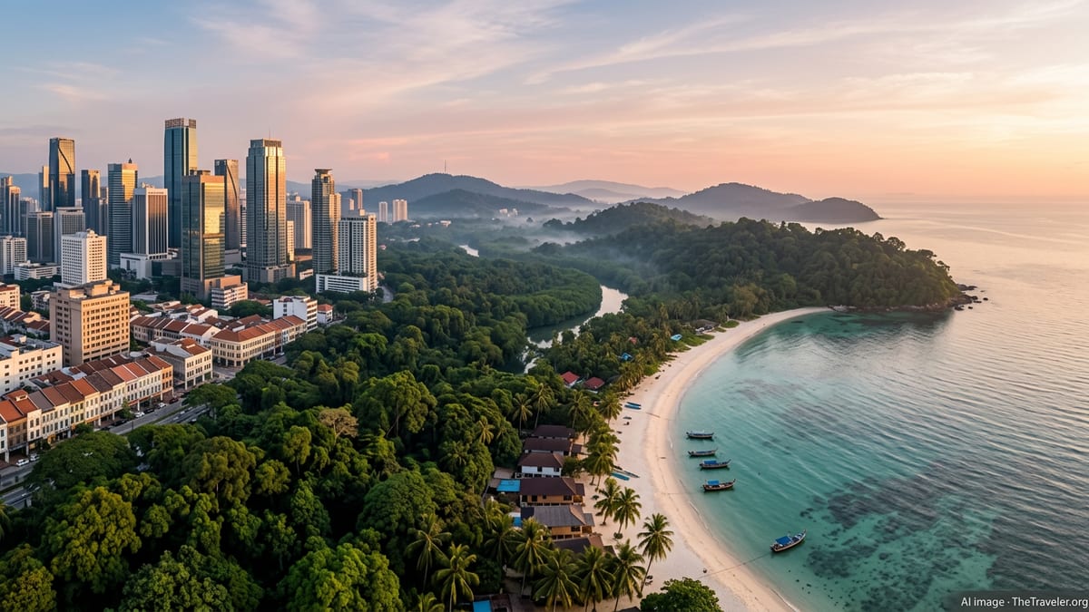 Aerial view of Malaysian city skyline fading into rainforest hills and a tropical island bay at golden hour.