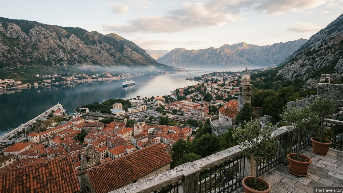 Sunrise view over Kotor’s old town and Bay of Kotor surrounded by mountains in Montenegro.