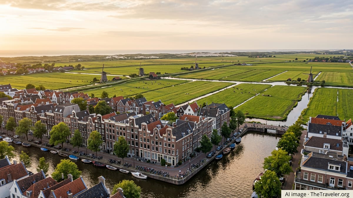Aerial view of Dutch canal houses, green polders, windmills and distant dunes at golden hour.