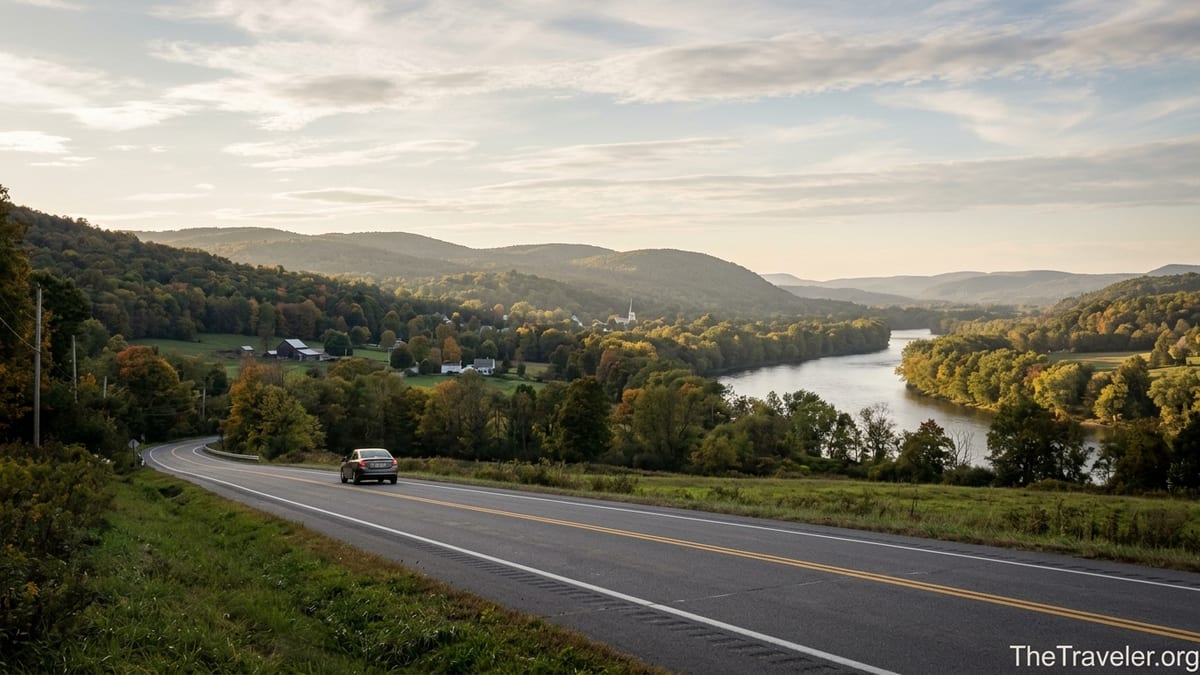 Scenic New York Hudson Valley landscape with curving river, hills and country road at golden hour.