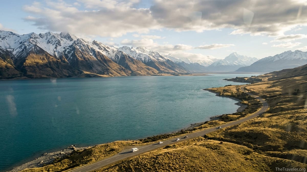 A winding lakeside road below New Zealand’s Southern Alps with a campervan driving beside turquoise water.