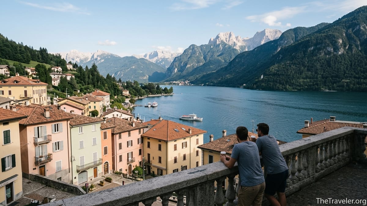 View over a Northern Italian lake town with mountains, terracotta roofs and two travelers on a terrace.
