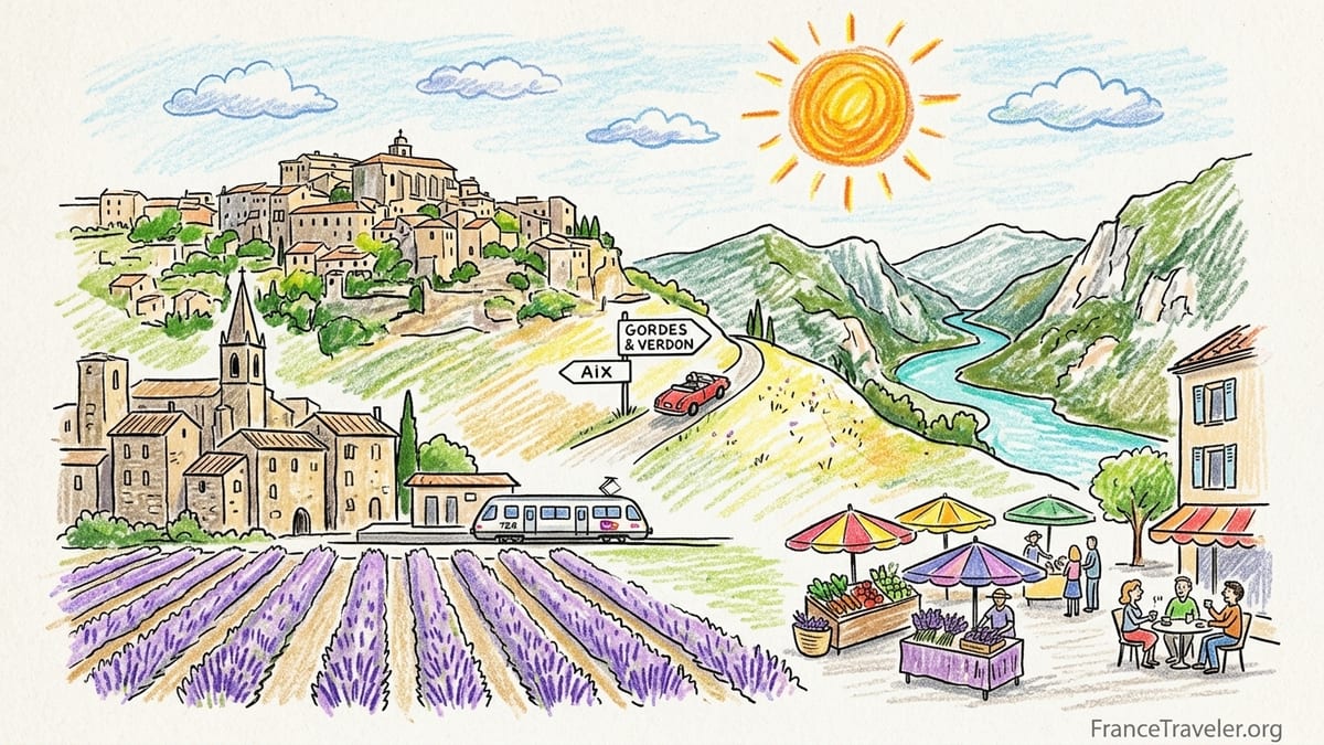 Hilltop village of Gordes overlooking lavender fields and vineyards in late afternoon light.