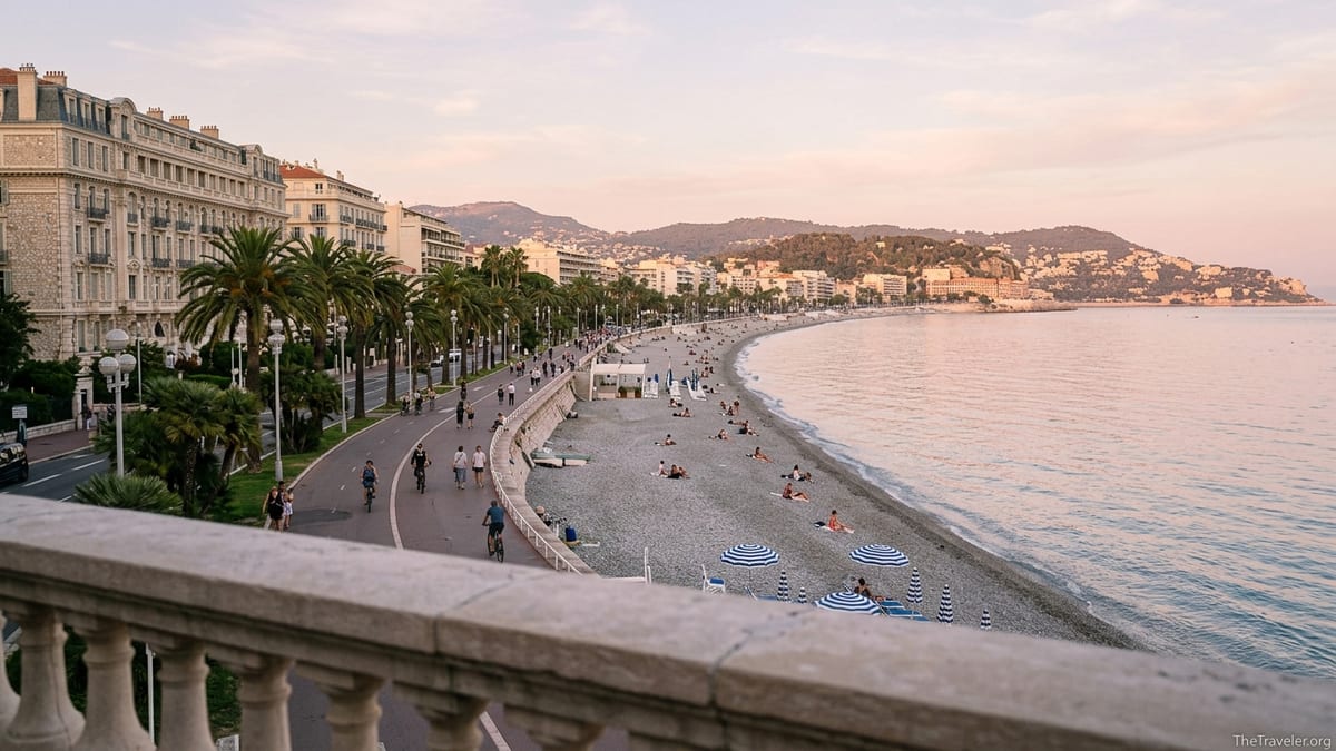 Sunset view over Nice and the Baie des Anges on the French Riviera coastline.