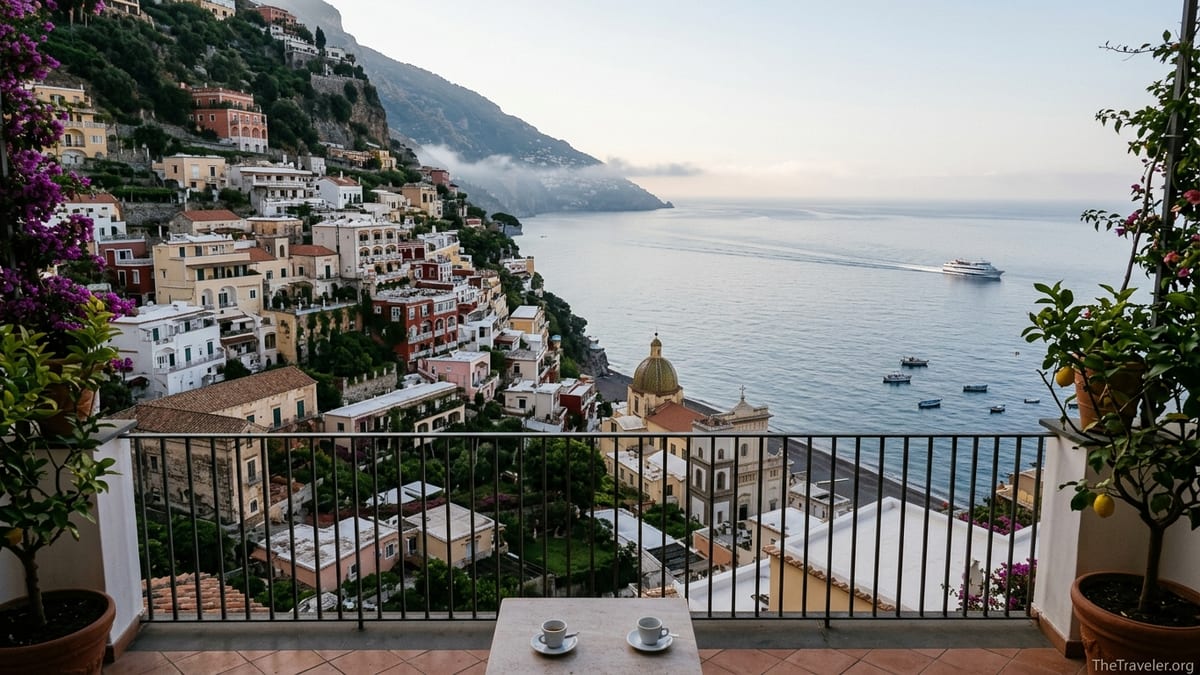 Sunrise view over Positano’s cliffside houses and the Amalfi Coast sea from a terrace.