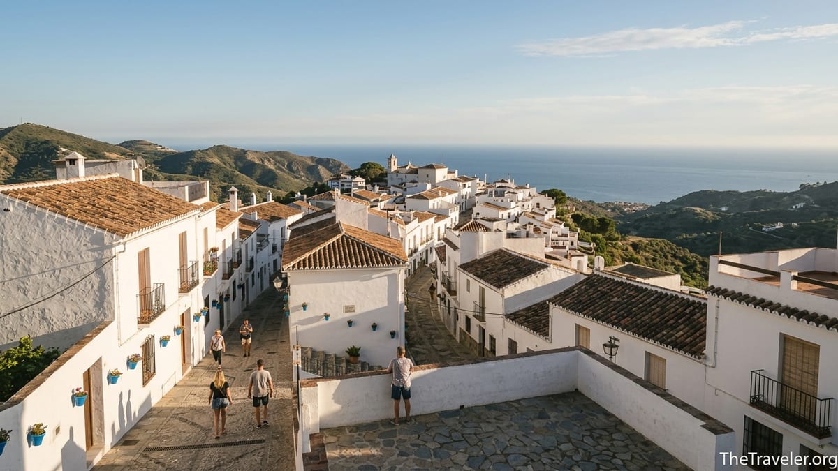 Whitewashed Andalusian village on a hillside overlooking the Mediterranean Sea at sunset.