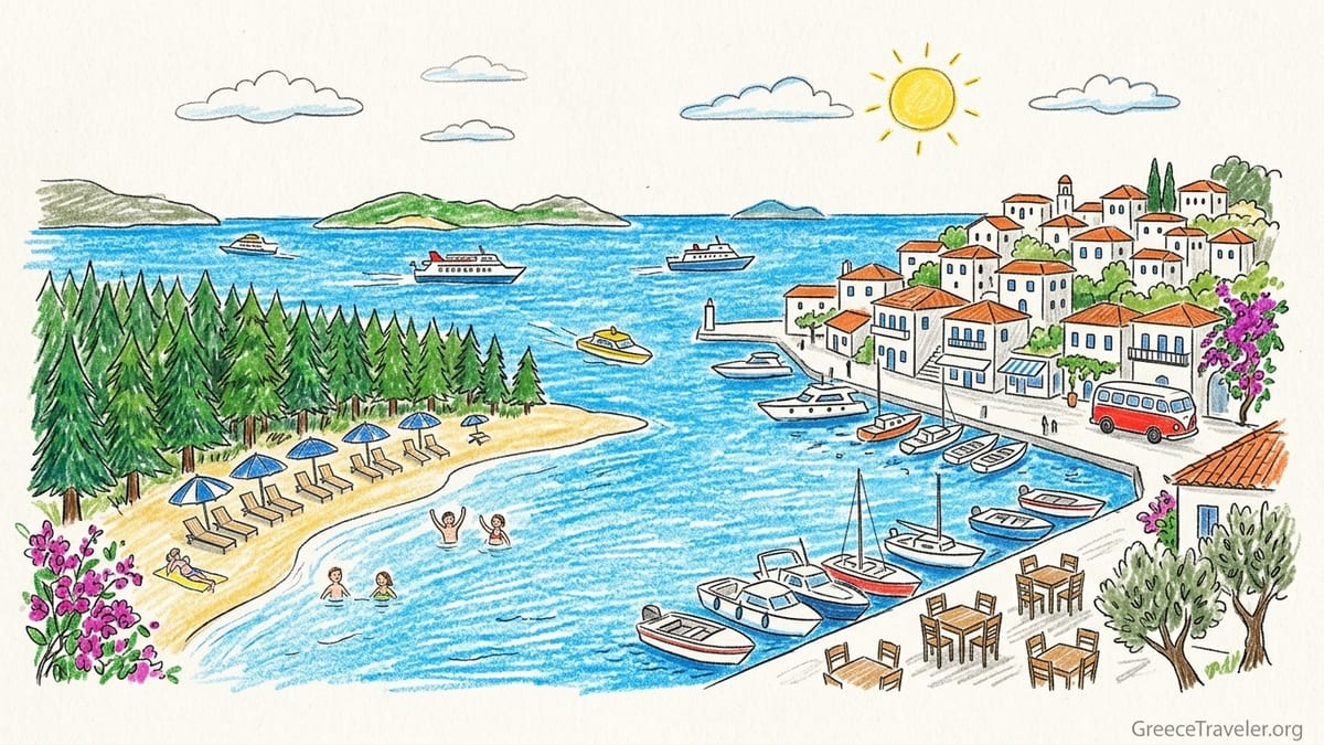 Aerial view of a Sporades harbor town and pine-backed beach at golden hour.