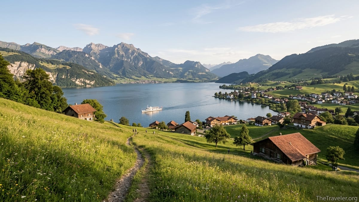 Summer view over Lake Lucerne with villages and Alps in warm evening light.
